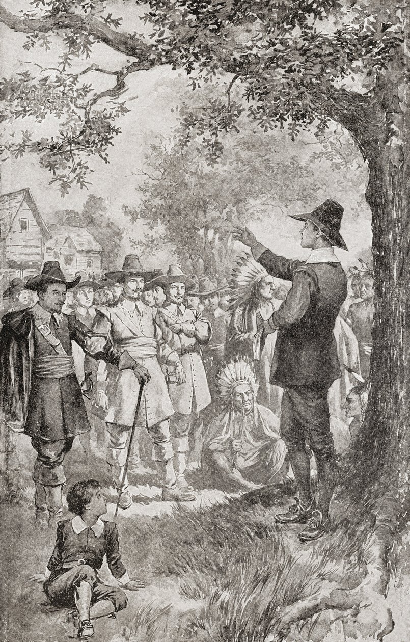 George Fox saarnaa väkijoukolle Marylandissa, Amerikassa vuonna 1671 paikallisen kveekarikokouksen nelipäiväisen kokouksen aikana. George Fox tekijältä Unbekannter Künstler