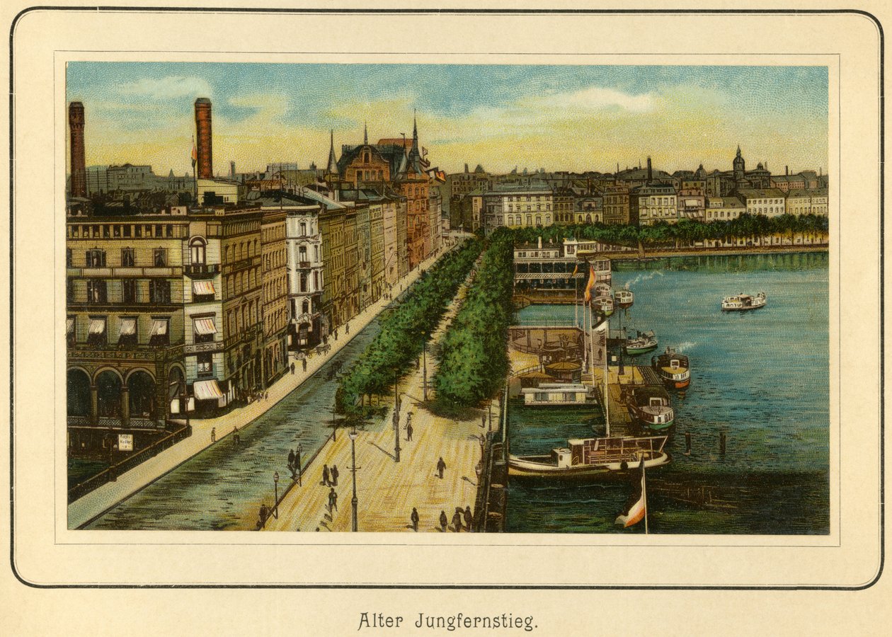 Saksa, Hampuri, Alter Jungfernstieg , lähellä Alster-järveä, kuva : "Ansichten-Album Hamburg" , julkaisija C. Schneider, Berlin NW. n.1890 (litografia). tekijältä Unbekannter Künstler