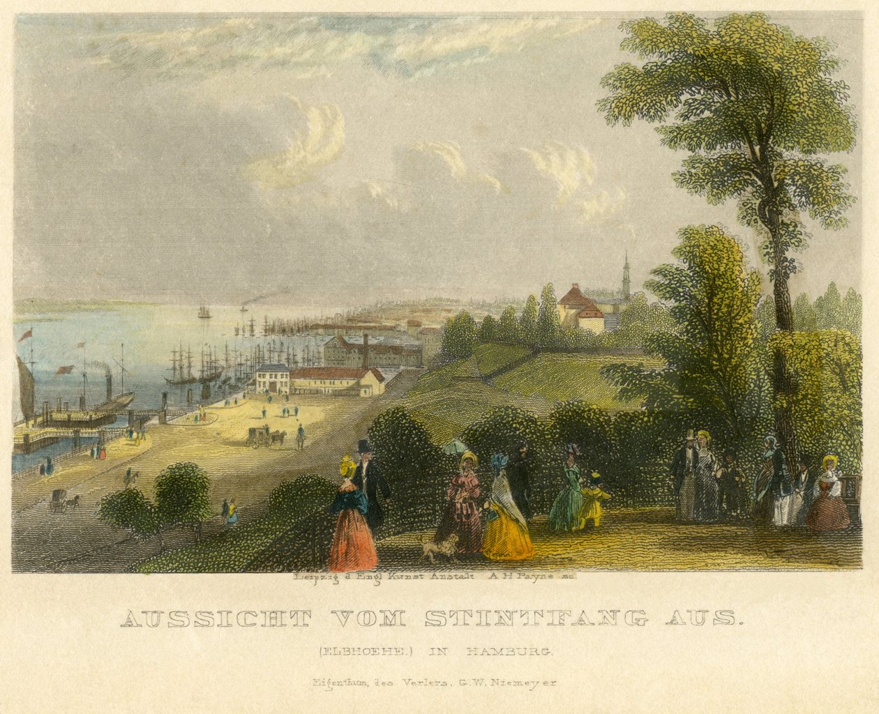 Saksa, Hampuri, Elbhoehe, näkymä Stintfangilta Elbe-joelle, vanhan värinen teräskaiverrus, A. H. Payne, Leipzig, julkaissut G. W. Niemeyer, noin 1850. tekijältä Unbekannter Künstler
