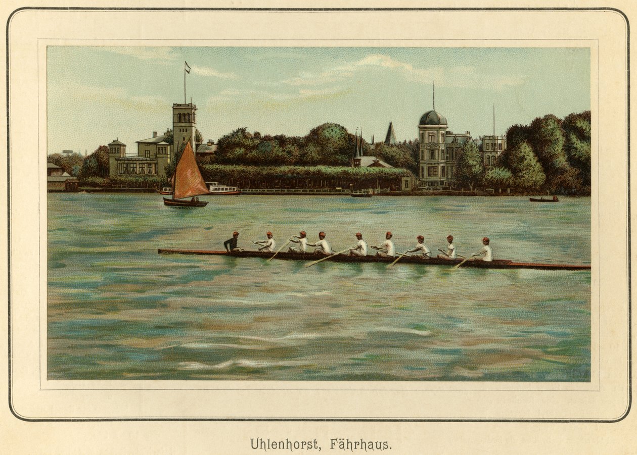 Saksa, Hampuri, Uhlenhorstin lauttarakennus Alster-järven rannalla, kuva : "Ansichten-Album Hamburg", julkaisija C. Schneider, Berlin NW n.1890 (litografia). tekijältä Unbekannter Künstler