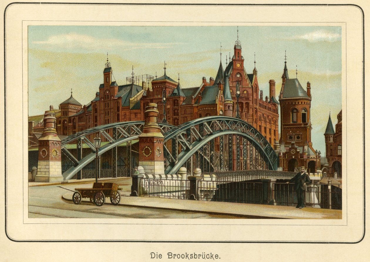 Saksa, Hampuri, "Brooksbruecke" (Brooksin silta) ja taustalla sataman varastot, nimeltään "Speicherstadt", noin 1890 (litografia). tekijältä Unbekannter Künstler