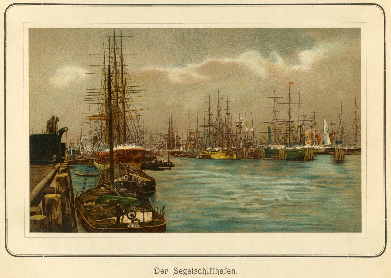 Saksa, Hampuri, purjelaivojen satama, litografia vuodelta : "Ansichten-Album Hamburg", julkaisija C. Schneider, Berlin NW., n. 1890 (litografia). tekijältä Unbekannter Künstler