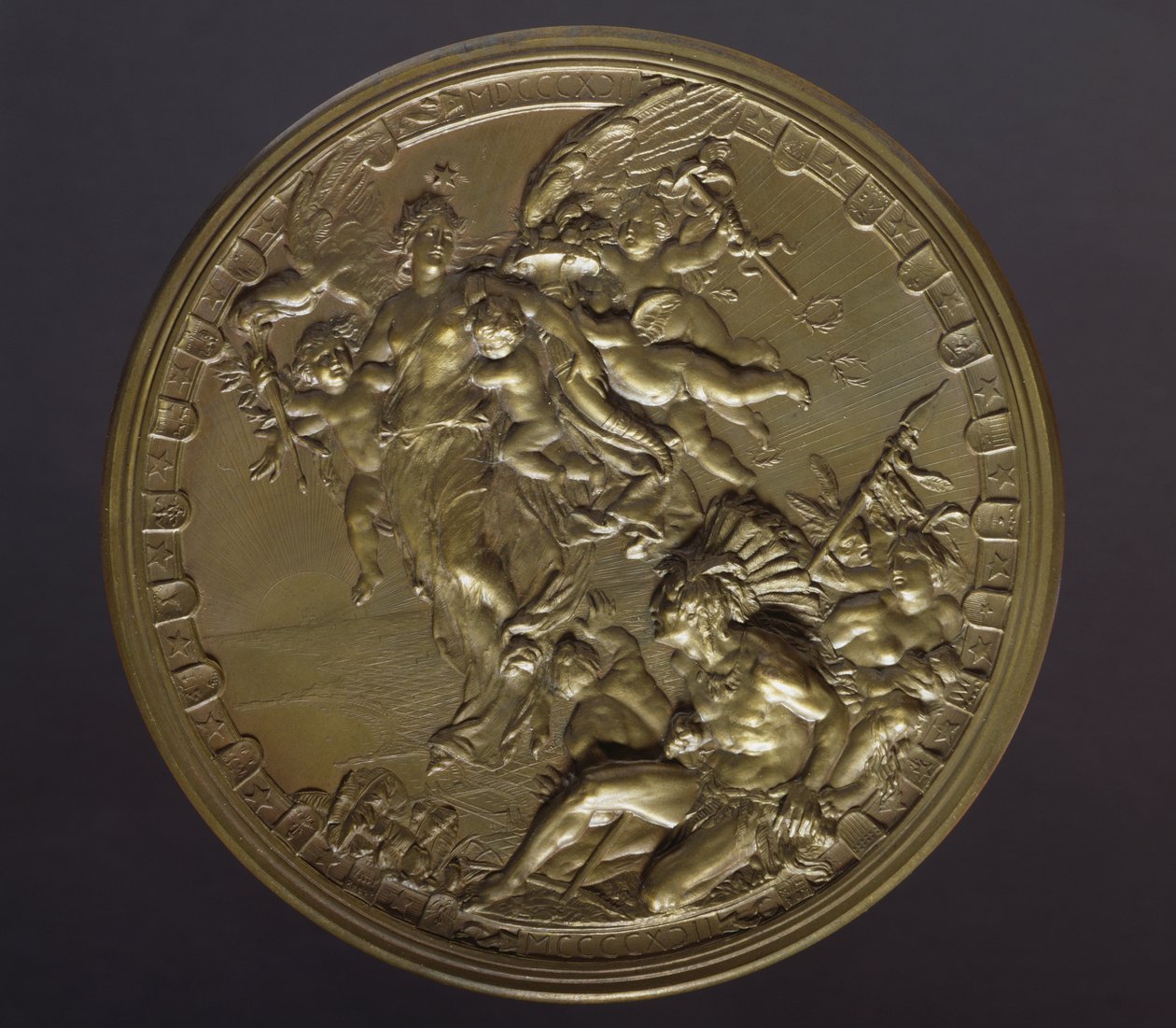Kullattu pronssimitali Amerikan löytämisen 400-vuotispäivän kunniaksi (1492-1892) tekijältä Benjamin Baud