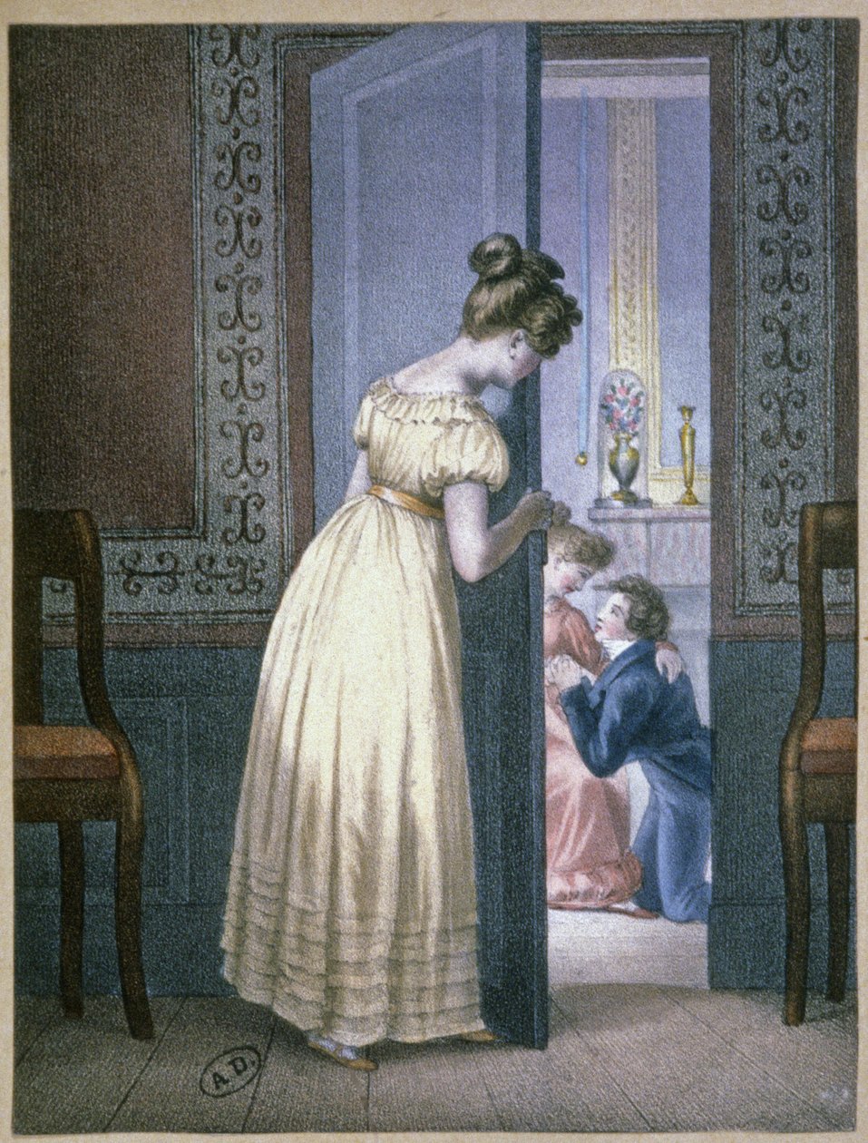 Tyttö kuuntelee kahden rakastavaisen kahdenkeskistä keskustelua, noin 1820 (kaiverrus). tekijältä Unbekannter Künstler