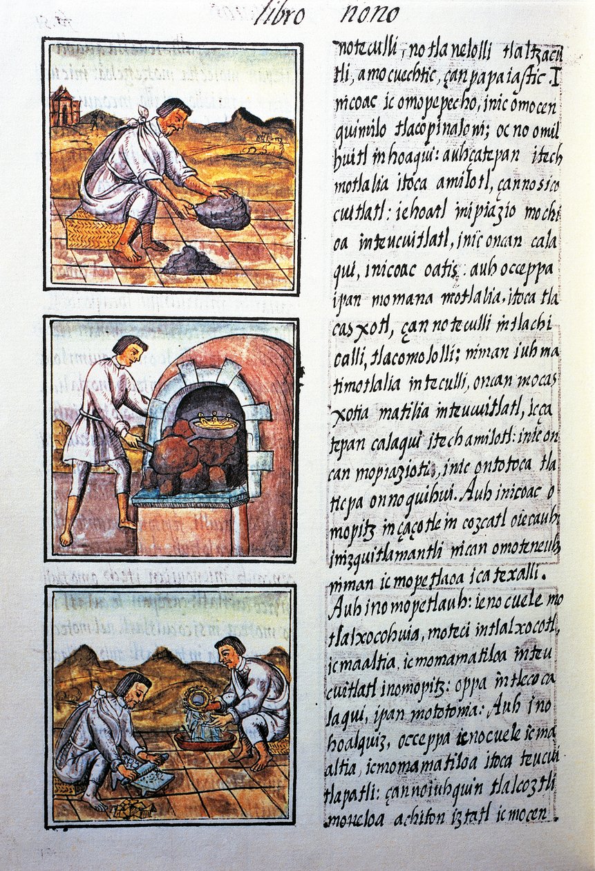 Kullankäsittely espanjaksi, teksti nahuatiksi, faksimilesta Bernardino de Sahagunin käsikirjoituksesta General History of Things of New Spain, joka tunnetaan myös nimellä Florentine Codex tekijältä Benjamin Baud