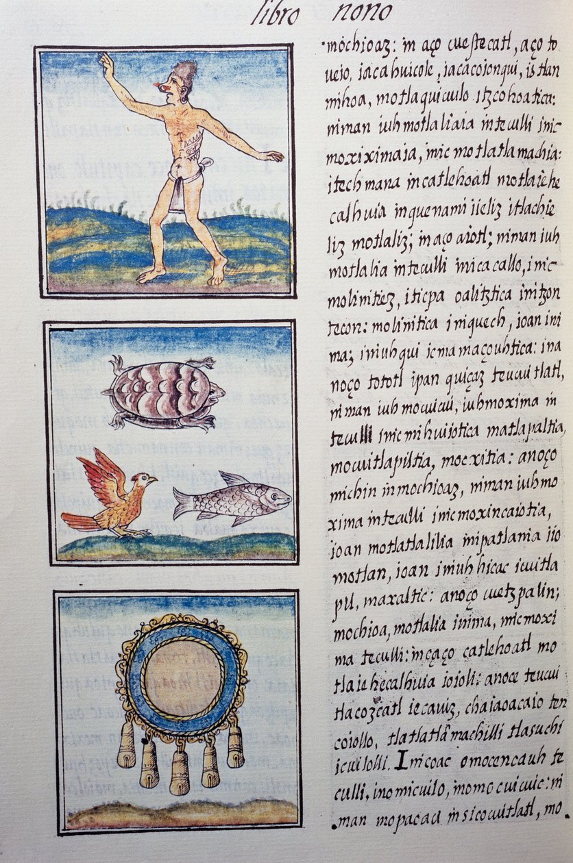 Goldsmith, sivu Firenzen Codexista, kaksikielinen versio espanjaksi ja nahuatl, General History of the Things of New Spain, espanjalainen lähetyssaarnaaja Fray Bernardino de Sahagun (1499-1590). Atsteekkien sivilisaatio tekijältä William M. Timlin
