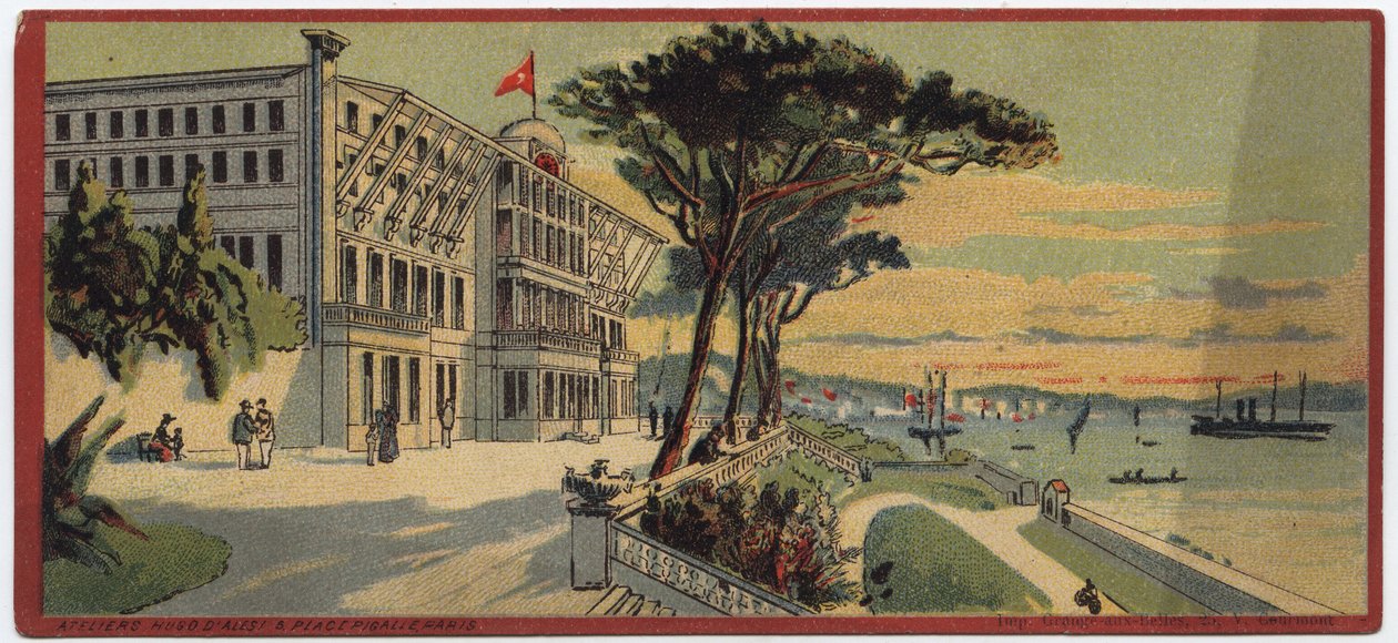Suuret hotellit: ulkonäkymä Therapian kesäpalatsista Konstantinopolissa Turkissa - Kartta sarjasta, joka esittelee "Compagnie Internationale des Grands Hotelsin" hotelleja, 1800-luvun loppu - 1900-luvun alku tekijältä William M. Timlin
