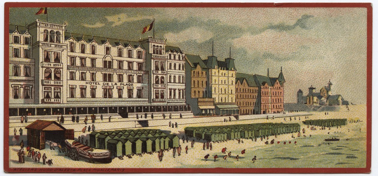 Suuret hotellit: näkymä Hotel de la Plagen ulkopuolelta Oostendessa, Belgiassa - Kartta sarjasta, joka esittelee "Compagnie Internationale des Grands Hotelsin" hotelleja, 1800-luvun loppu - 1900-luvun alku tekijältä William M. Timlin