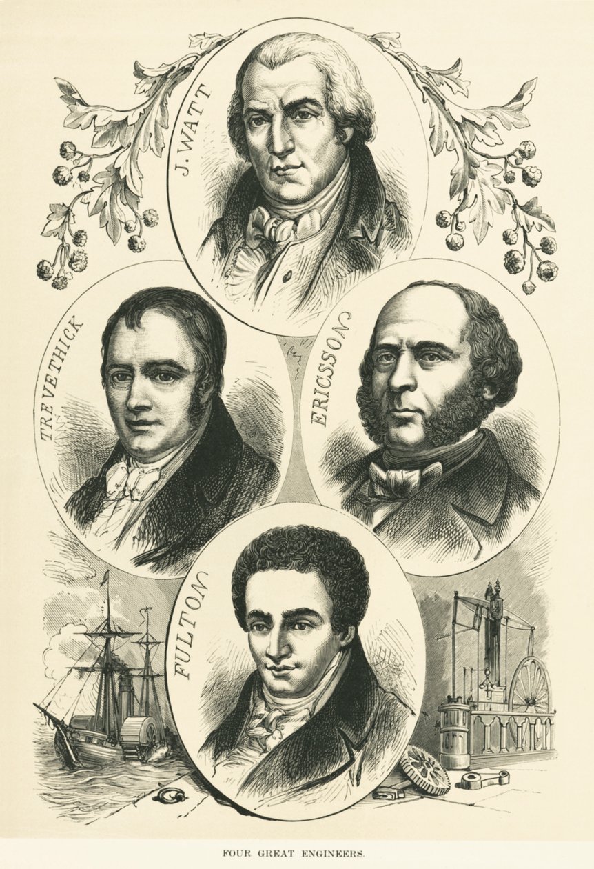 Suuret insinöörit ja keksijät: James Watt, John Ericsson, Robert Fulton, Richard Trevithick, n. 1880 (m/v kuva) tekijältä Unbekannt