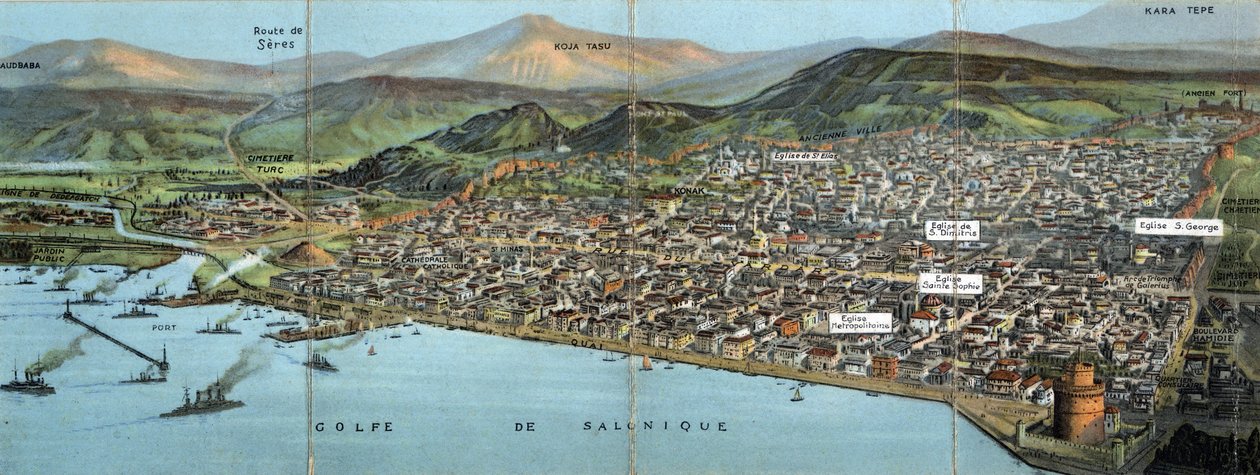 Kreikka, Saloniki (tai Thessaloniki): näkymä kaupunkiin ja lahdelle - Postikortti 1914-1918 tekijältä William M. Timlin