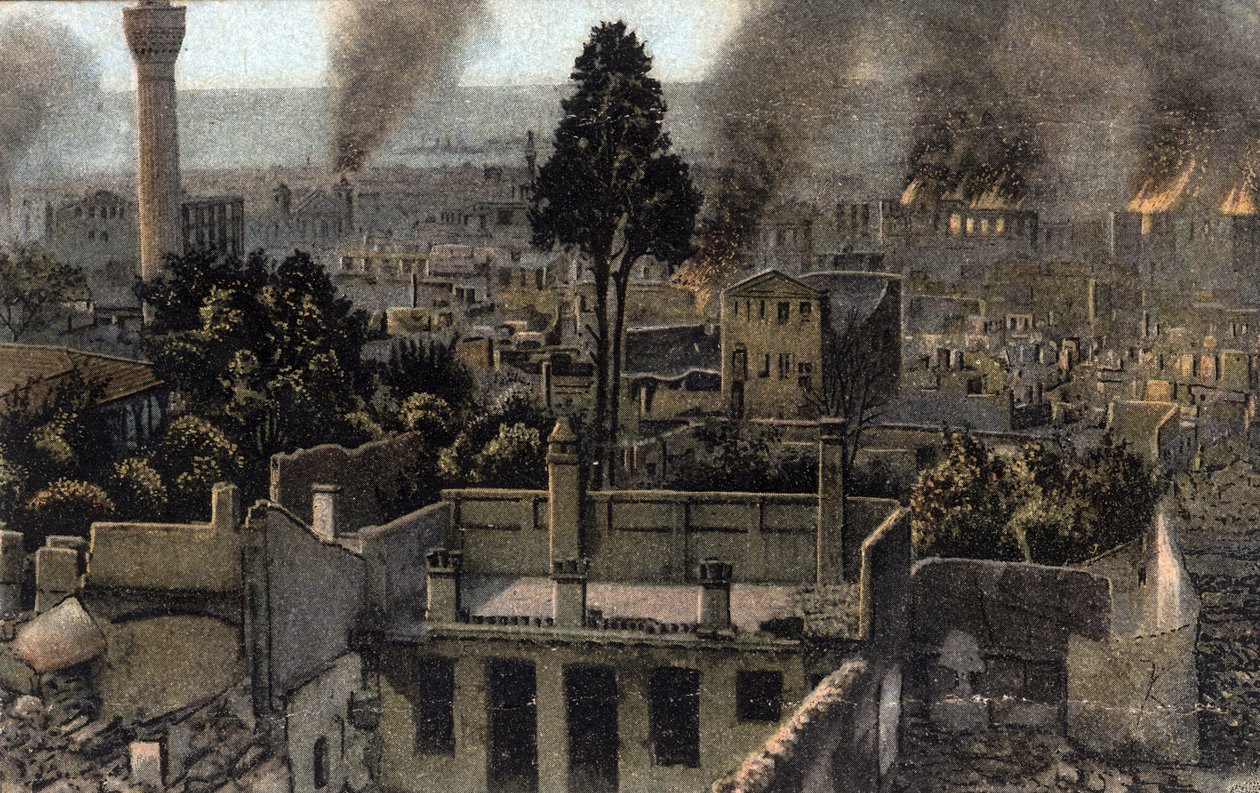 Kreikka, Saloniki (tai Thessaloniki): näkymä yläkaupungista osittain palanut, luultavasti vuoden 1917 palon aikana - Postikortti 1914-1918 tekijältä Unbekannter Künstler