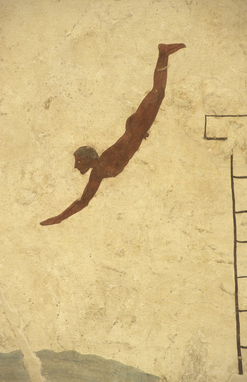 Kreikkalainen taide: Sukeltajan haudan fresko, Paestum, Campagnien alue, Italia. Tomba del Tuffatore, seinämaalaus, Paestumin arkeologinen puisto, Campania, Italia tekijältä William M. Timlin