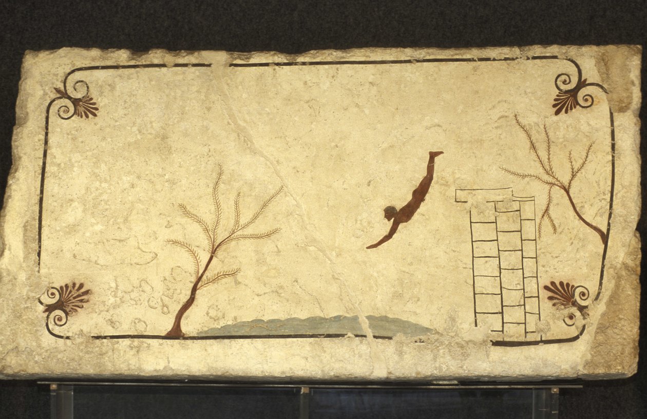 Kreikan taide: Paestum, Campagnien alue, Italia. Tomba del Tuffatore, seinämaalaus, Paestumin arkeologinen puisto, Campania, Italia. tekijältä Unbekannter Künstler