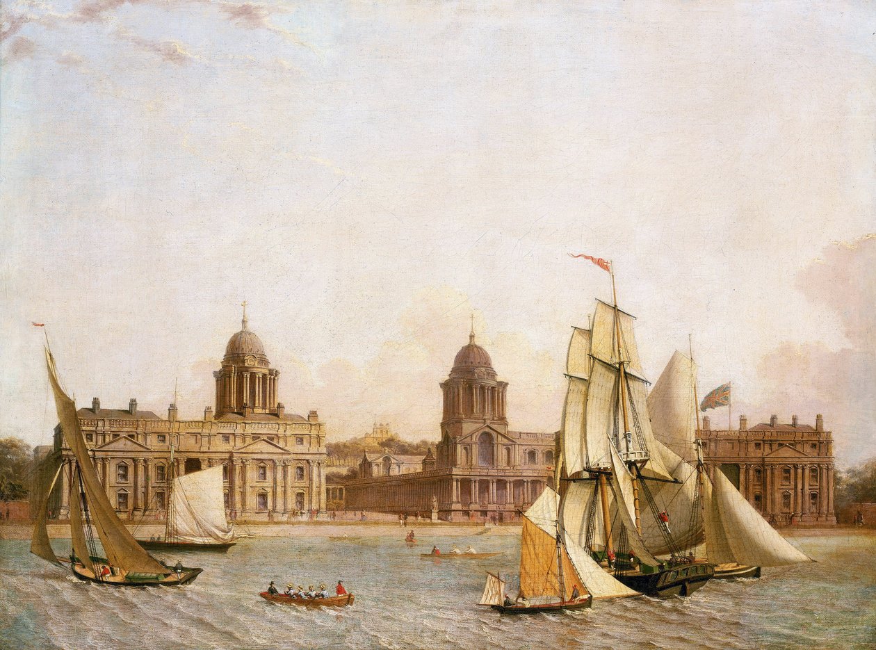 Greenwichin sairaala (Englanti), Isle of Dogsilta (Thamesin pohjoisrannalta), ja erilaisia veneitä joella. Öljy kankaalle, noin 1830-1840. tekijältä Unbekannter Künstler