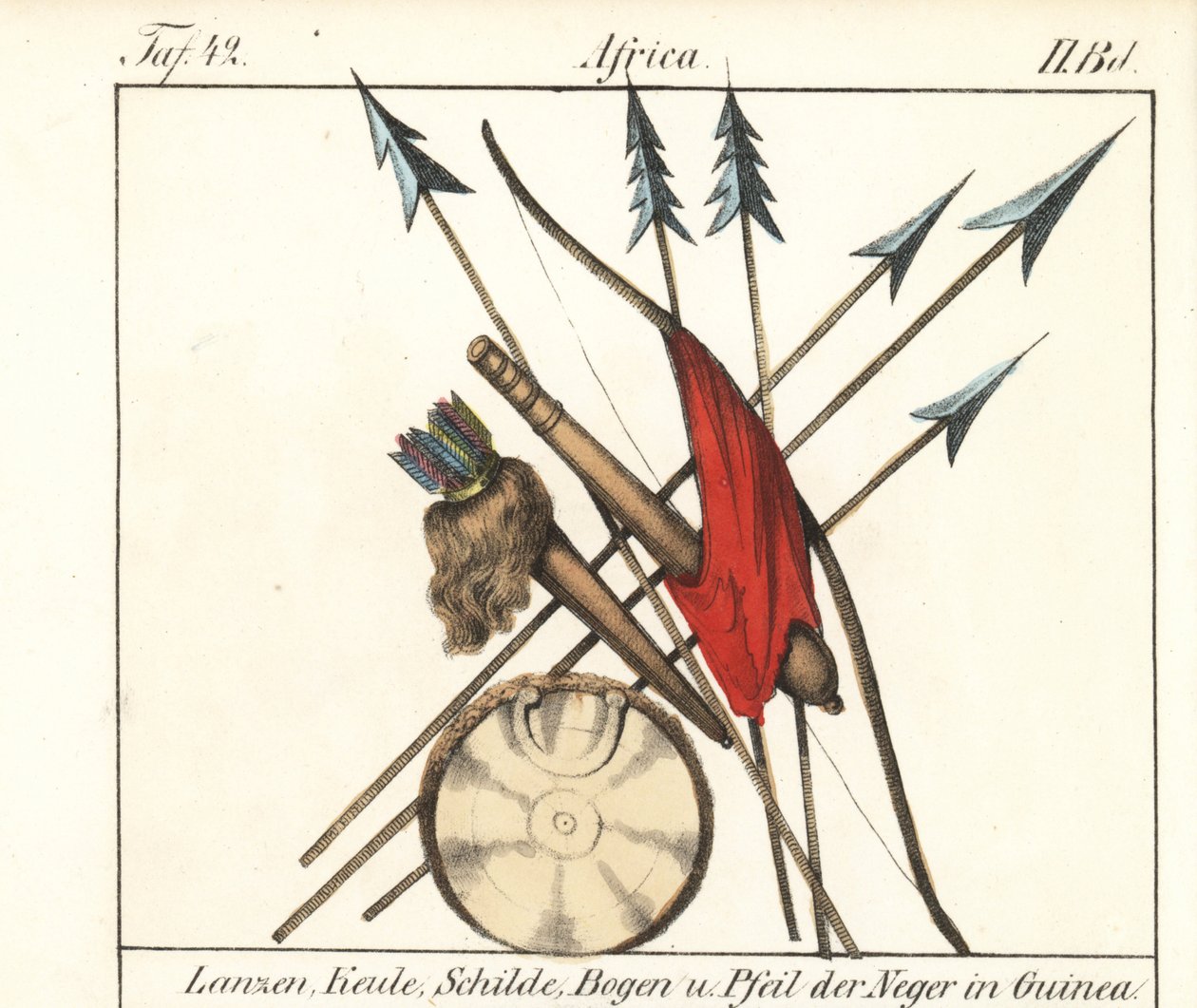 Guinee Conakry aseita, keihäitä, mailoja, jousi ja nuolet niiden jousenvarsi, kilpi. Litografia kirjaa varten: Friedrich Wilhelm Goedsche (1785-1863) "Galerie complete en tableaux fideles des peuples d