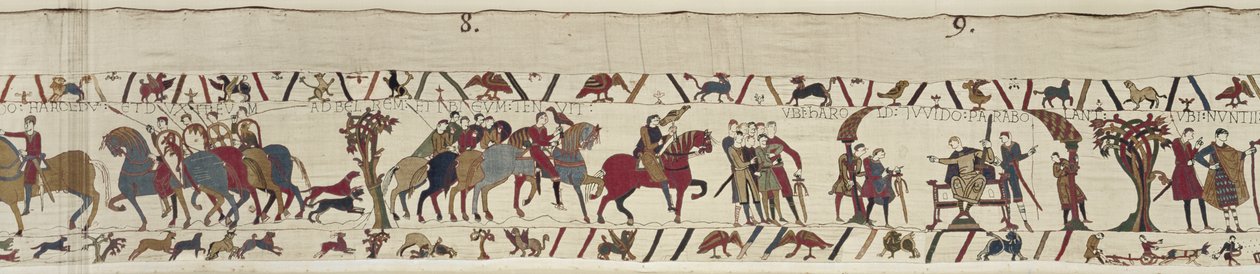 Guy of Ponthieu vie Haroldin vangiksi Beaurainin linnaan, Bayeux Tapestry (villakirjonta pellavalle) tekijältä Unbekannt