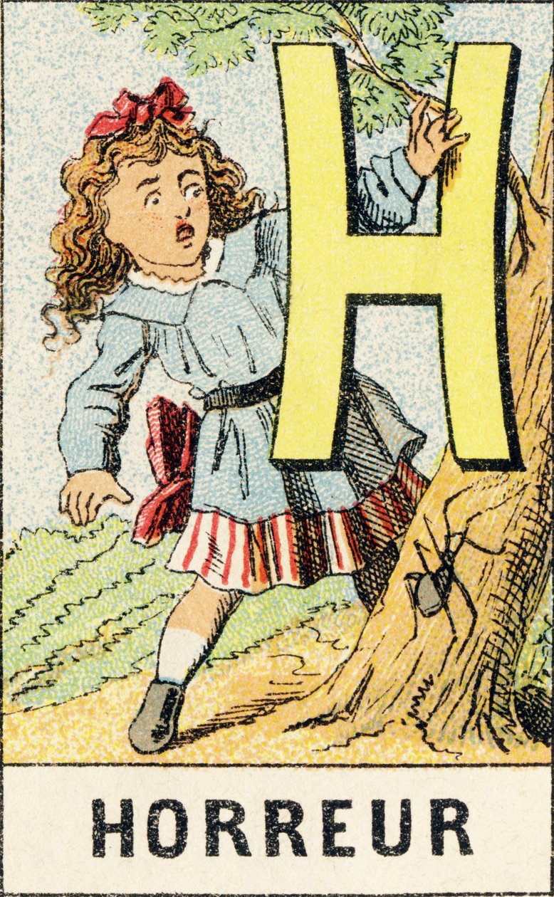 H: Kauhu - ABCD:ltä otettu kaiverrus pikkutytöistä. Pellerin & Cie, kirjapaino-kustantaja, Epinal, noin 1890. Serie A. Mitat: 19 x 13,5 cm. tekijältä Unbekannt