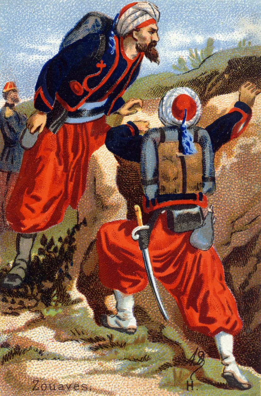 H: Zouaves. Kaiverrus "Military Alphabet" -kirjaimella. Kuvittajan nimikirjaimet: A. D. Tuntematon kustantaja. Kromolitografiat 1800-luvun lopulla. Mitat: 10,5 x 7 cm. tekijältä Unbekannt