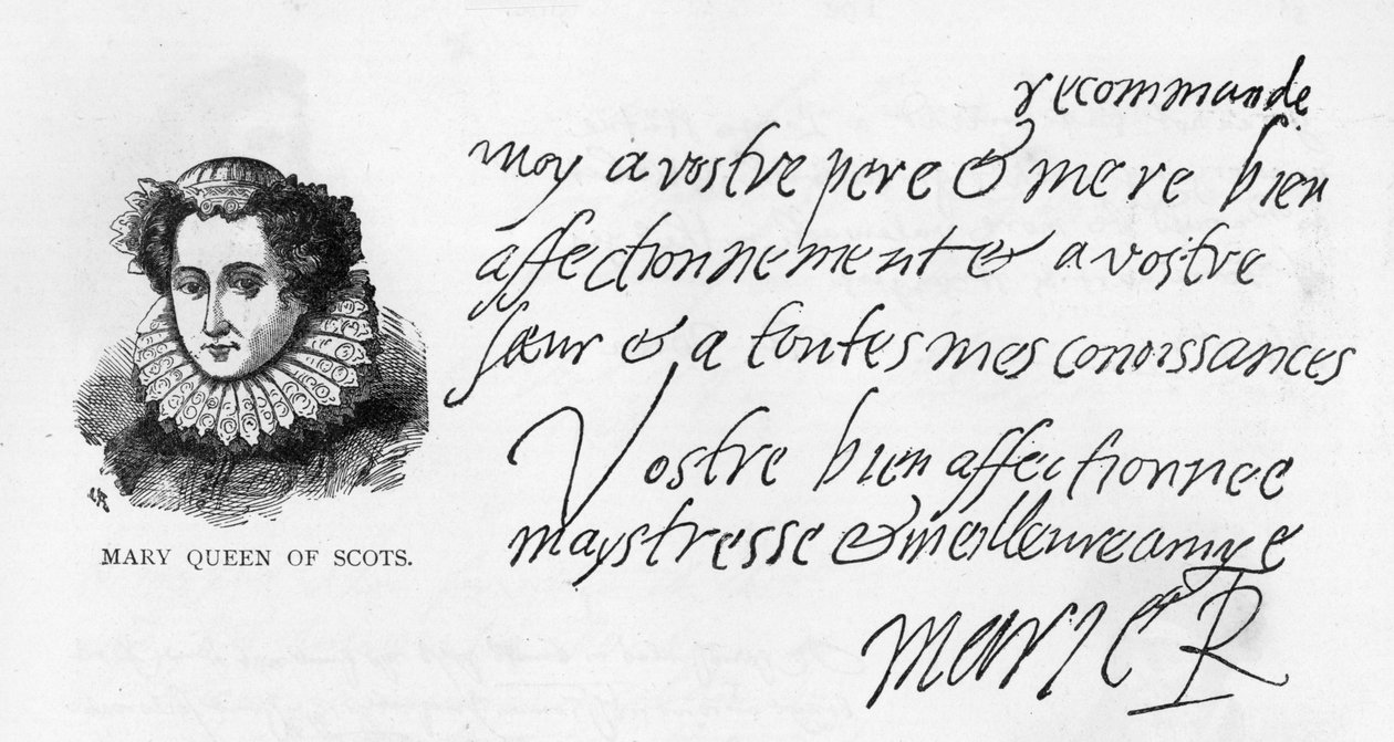 Mary Queen of Scots käsiala ja allekirjoitus kirjeestä, joka oli kirjoitettu ollessaan vankilassa Sheffieldissä hänen kummityttärelleen Elizabeth Pierrepointille tekijältä Unbekannt
