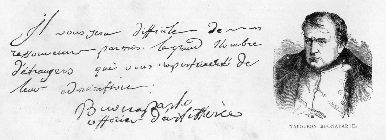 Napoleon I:n käsiala ja allekirjoitus hänen tykistöupseeriuransa alkuvaiheessa tekijältä Unbekannt