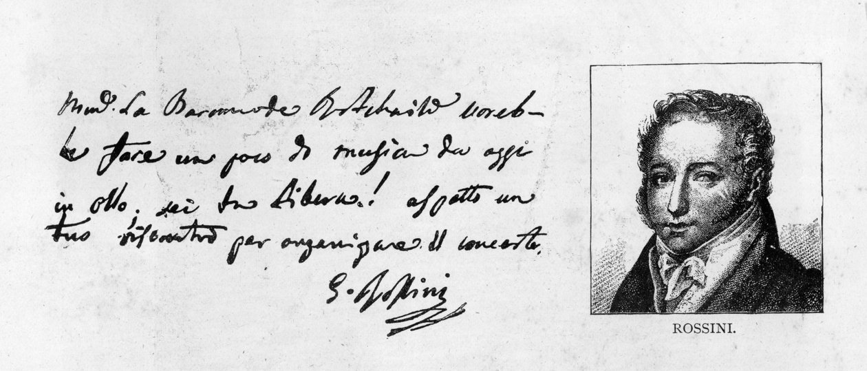 Rossinin käsiala ja allekirjoitus kirjeestä Baronne de Rothschildille konsertin järjestämisestä (kynä ja muste paperille) tekijältä Unbekannt