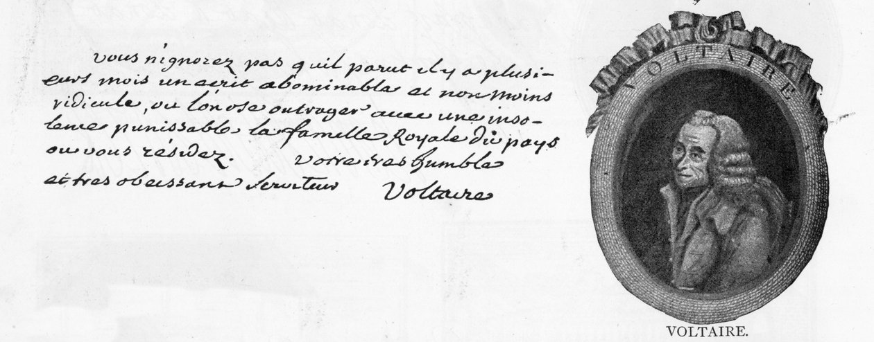 Voltairen käsiala ja allekirjoitus Colmarissa kirjoitetusta kirjeestä Ranskan ministerille Frederick Suuren hovissa Berliinissä, Chevalier de la Touche, 3. maaliskuuta tekijältä Unbekannt