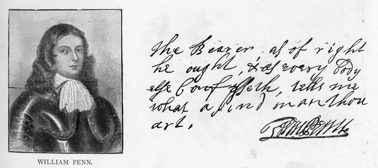 William Pennin käsiala ja allekirjoitus kirjeestä Sir Robert Southwellille tekijältä Unbekannt