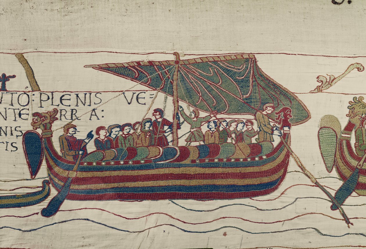 Haroldin laivat puhalletaan Ponthieun kreivi Guyn alueelle, Bayeux Tapestry (villakirjonta pellavalle) tekijältä Unbekannt