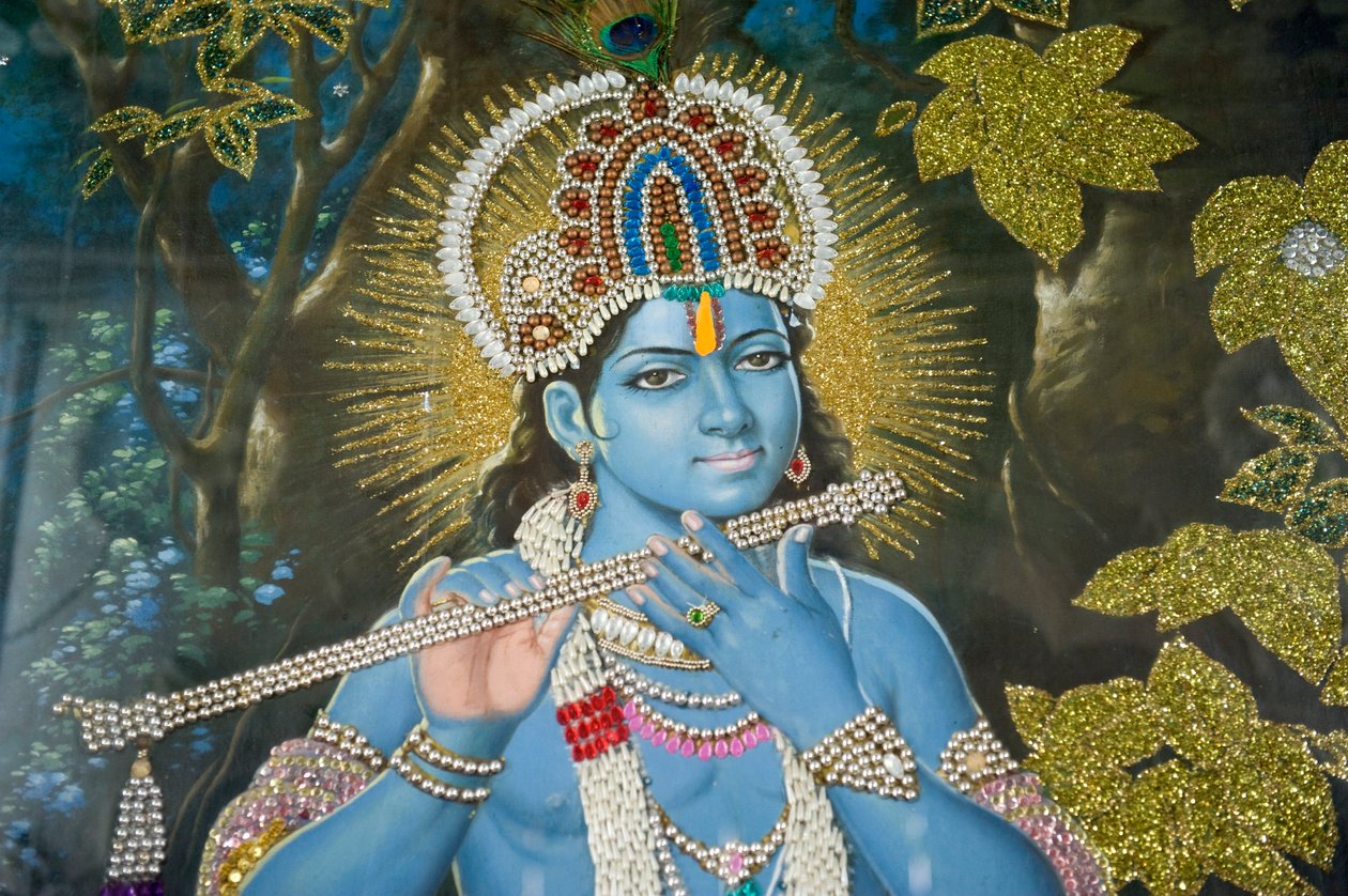 Hindulaisuus; maalaus Lord Krishnasta huilulla; Durgiana Mandir Vishnu -temppeli; Amritsar; Punjab; Intia; Etelä-Aasia; Aasia tekijältä Unbekannt