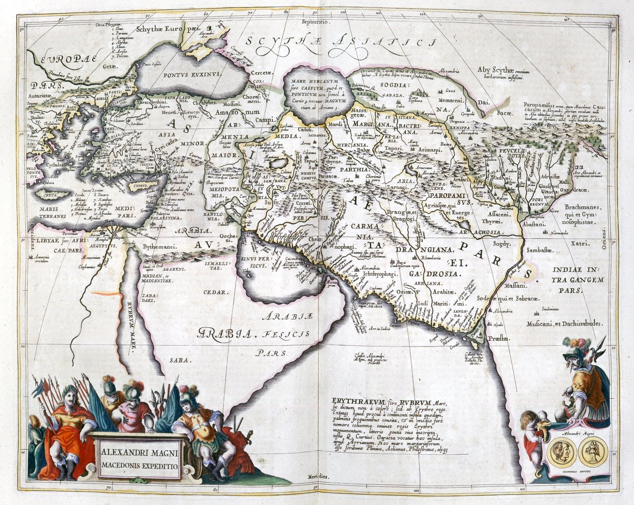 Historia. Muinainen Kreikka. Aleksanteri Suuren matkat. Kaiverrus: Le theatre du monde, G:n atlas, Blaeu, Amsterdam tekijältä Unbekannter Künstler