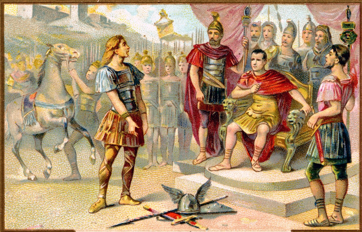 Historia. Antiikin Rooma. Vercingetorix (gallialaisen heimon päällikkö: Averni) antautuu Julius Caesarille Alesiassa, 52 eaa. Kuvat, Ranska, c. tekijältä Unbekannter Künstler