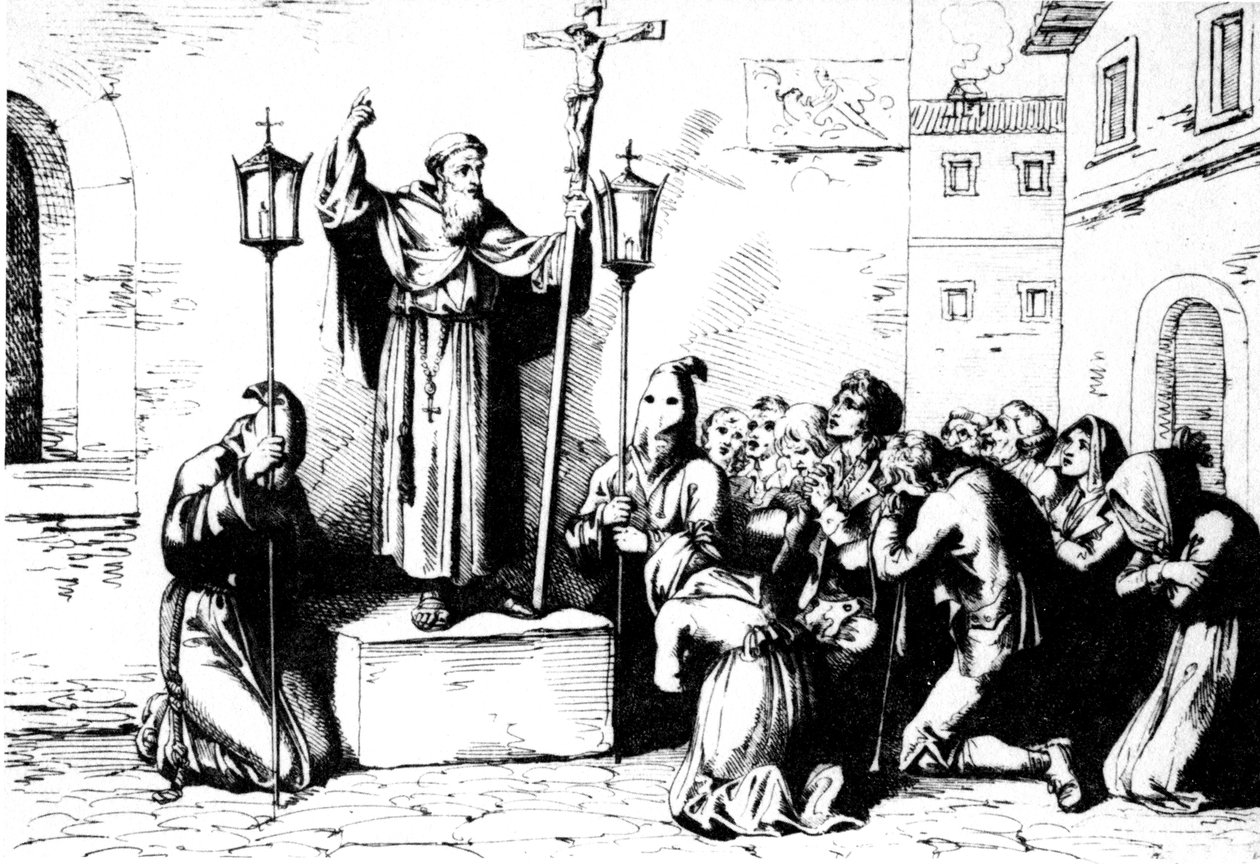Muinaisen Rooman historia. Munkki saarnaa ihmisille aukiolla Roomassa. Bartolomeo Pinellin kaiverrus XIX vuosisadalla tekijältä Unbekannt