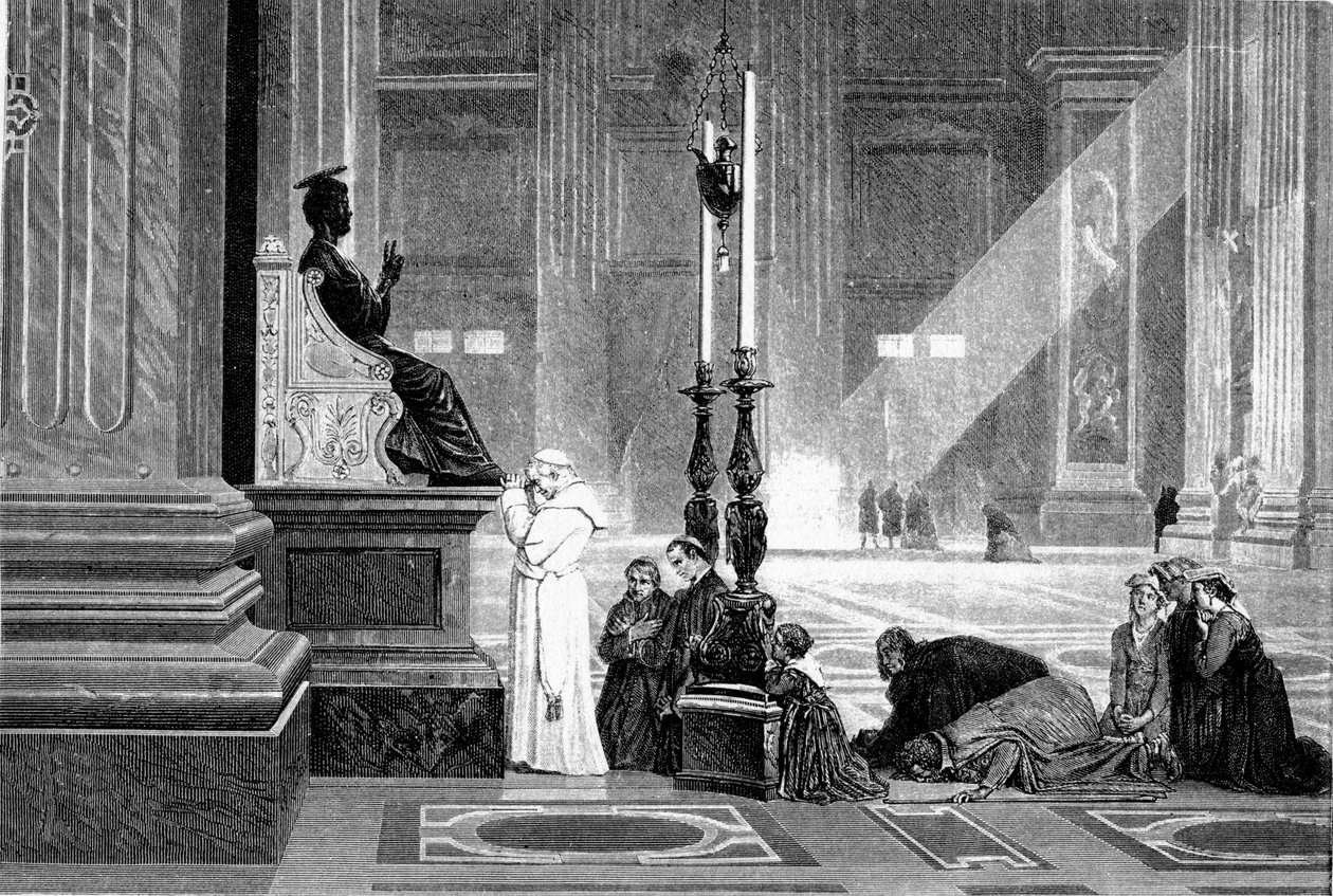 Muinaisen Rooman historia. Paavi Pius IX rukouksessa Pyhän Pietarin patsaan edessä Vatikaanin basilikassa Kaiverrus G.Laplant 1867 tekijältä Unbekannt