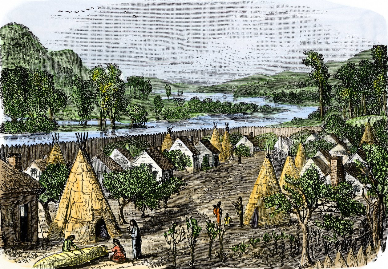 Alkuperäiskansojen historia: Mohawk Village, New York, noin 1780. Värikäs kaiverrus 1800-luvulta. tekijältä Unbekannter Künstler