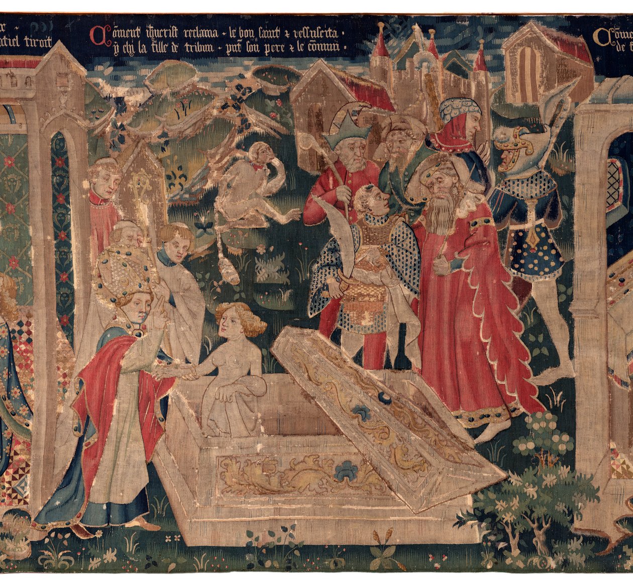 Saint Piatin ja Saint Eleuthèren historia, jota kutsutaan myös Arrasin kuvakudoksiksi. Tilattu kaanonilta Toussaint Prierilta, Burgundin herttuan kappelilta, 1300-luvun loppu - 1400-luvun alku. 22m x 2m. Yksityiskohta (kuvakudos) tekijältä Alec Hunter