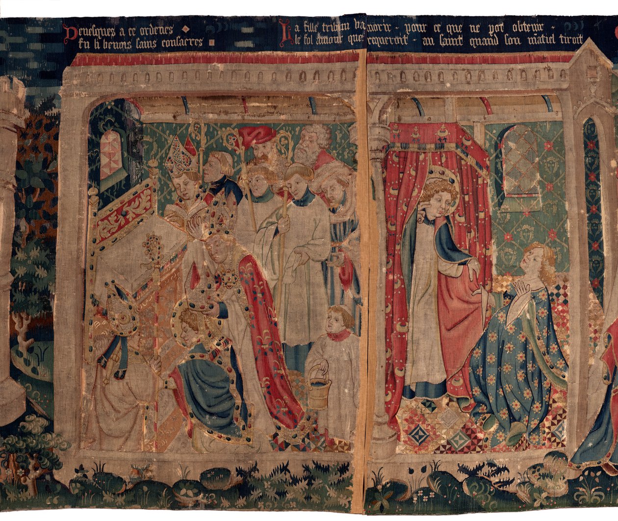 Saint Piatin ja Saint Eleuthèren historia, jota kutsutaan myös Arrasin kuvakudoksiksi. Tilattu kaanonilta Toussaint Prierilta, Burgundin herttuan kappelilta, 1300-luvun loppu - 1400-luvun alku. 22m x 2m. Yksityiskohta (kuvakudos) tekijältä Alec Hunter