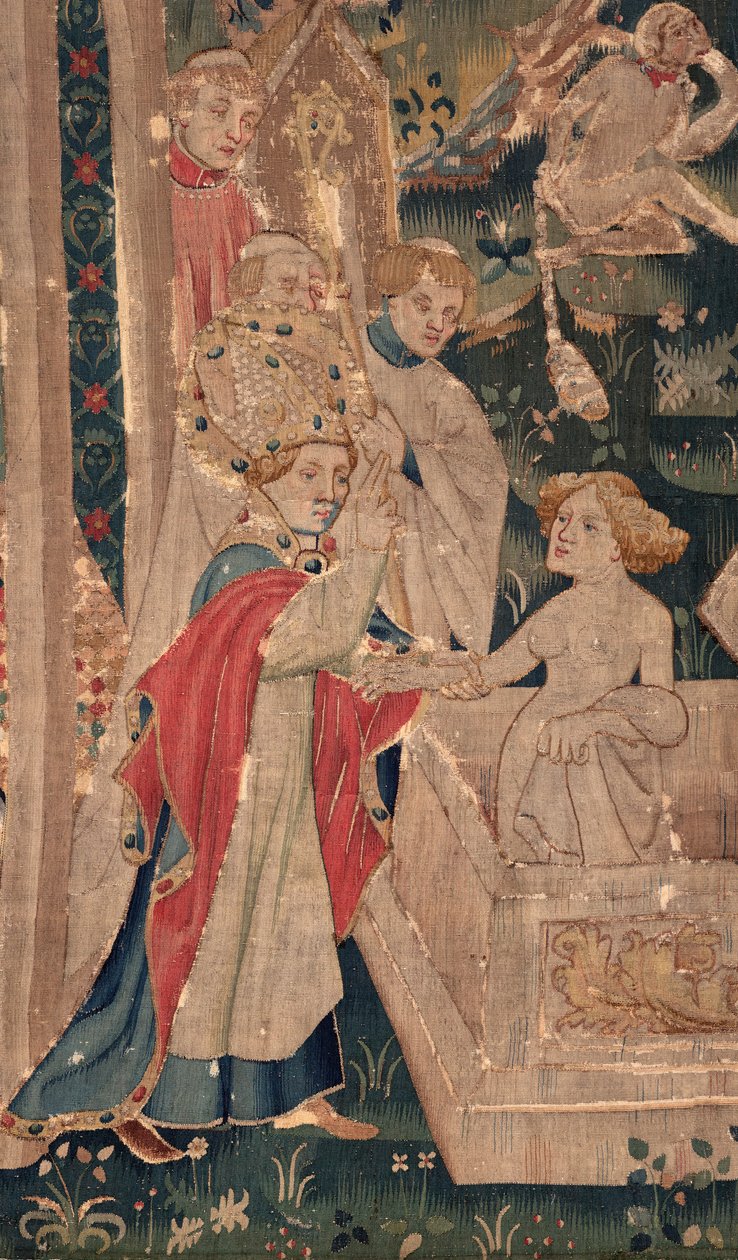 Saint Piatin ja Saint Eleuthèren historia, jota kutsutaan myös Arrasin seinävaatetukseksi. Tilattu Burgundin herttuan kappalainen, kanonisti Toussaint Prier, 1300-luvun loppupuoli - 1400-luvun alku. 22 m x 2 m. Yksityiskohta (kuvakudos) tekijältä Unbekannter Künstler