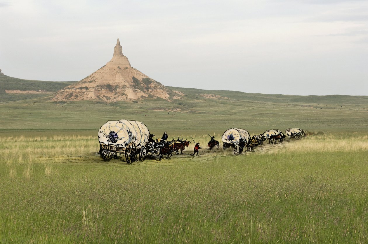 West Conqueten uudisasukkaiden historia: Amerikan pioneerit. Useiden perheiden matkat Yhdysvaltojen tasankojen halki ahkerasti. Diligences ylittää Chimney Rockin Oregon Traililla Nebraskassa. Värikäs kaiverrus yhdistettynä valokuvaan. tekijältä Unbekannter Künstler