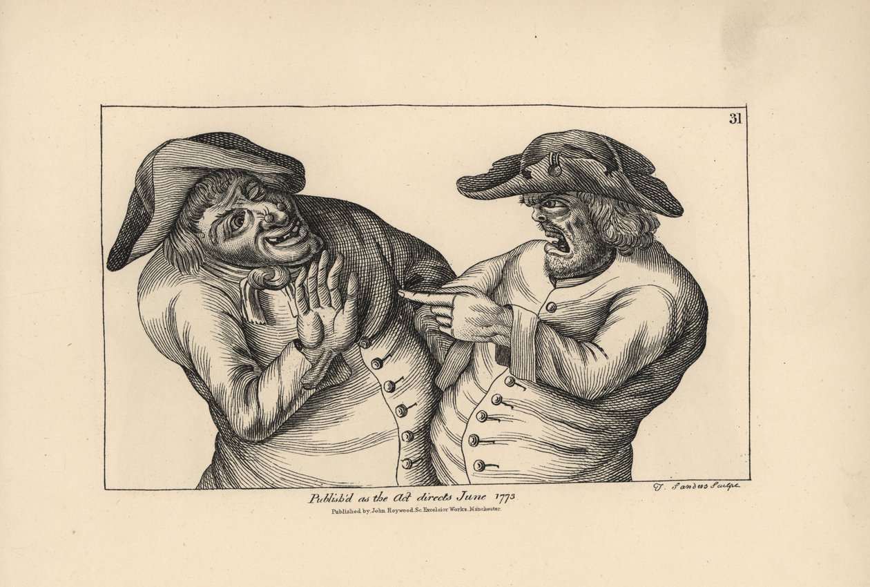 Hodge ja Roaf syyttävät toisiaan siitä, että he ovat jättäneet pissapadan olutkannun tilalle. Thomas Sandersin kuparikaiverrus Timothy Bobbinin (John Collier) (1708-1786) satiirisen kuvituksen mukaan, teoksesta Human Passions Delineated, John Haywood, Manc tekijältä Unbekannter Künstler