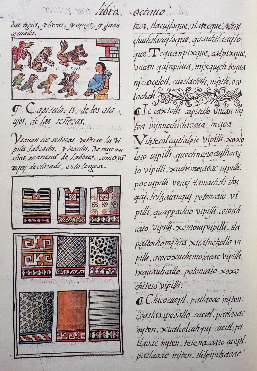 Huipil, espanjalaisen lähetyssaarnaajan Fray Bernardino de Sahagunin naisten vaate, jota aateliset käyttävät kirjailtuineen puseroineen, Firenzen Codexin kirja VIII, Uuden Espanjan yleinen historia. Atsteekkien sivilisaatio tekijältä William M. Timlin