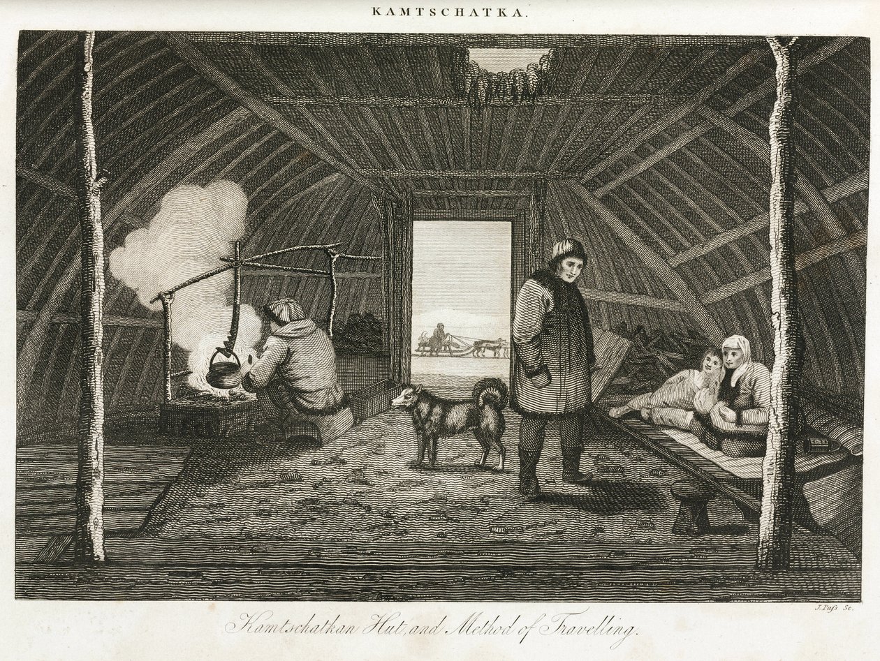Kamtšatkan kota (Venäjän äärimmäinen itäinen niemimaa) ja kuljetusreki, noin 1810 tekijältä Unbekannt