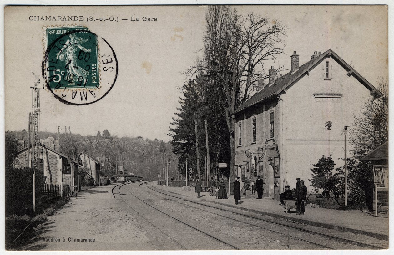 Ile de France, Essonne (91), Chamarande: näkymä rautatieasemalta - Postikortti vuodelta 1908 tekijältä William M. Timlin