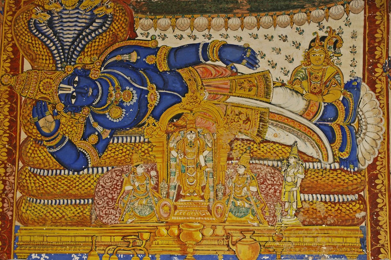 Intia, Tamil Nadu, Srirangam, Sri Ranganathasvami Hindu Temple (alkuperäinen 10. vuosisadalla), seinämaalaus Vishnusta. tekijältä Unbekannt