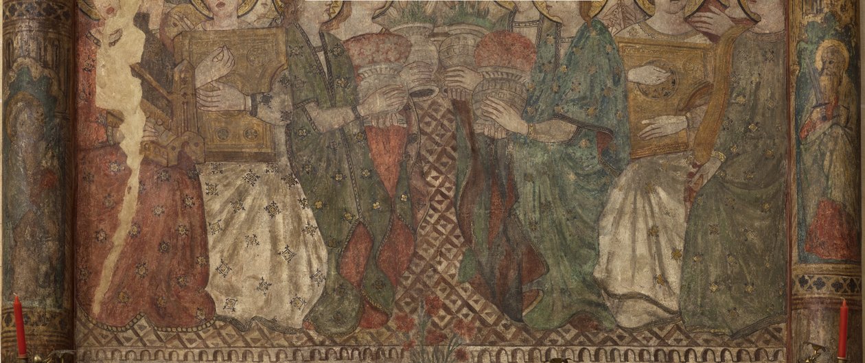 Sisustus. Pohjoinen risteys. Alttari (Altar de las pinturas murales). Alkuperäinen pääkappelista. Seinämaalauksia (freskot?). Yksityiskohta. 1400-luvun loppu. tekijältä Unbekannt