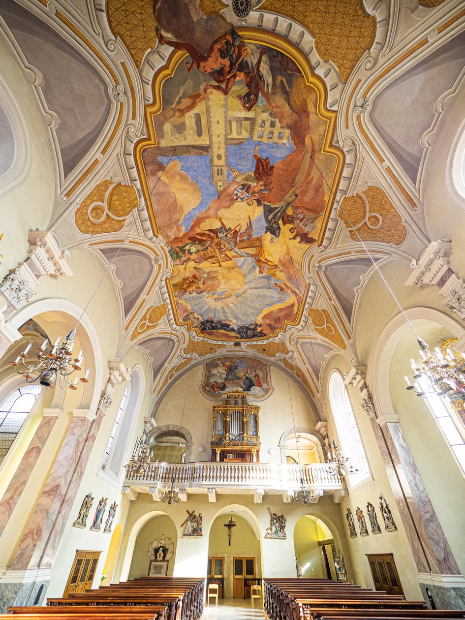Sisustus, kattomaalaus Hans Andrelta, Servitenkirche, Innsbruck, Tiroli, Itävalta, Eurooppa (kuva) tekijältä Unbekannter Künstler