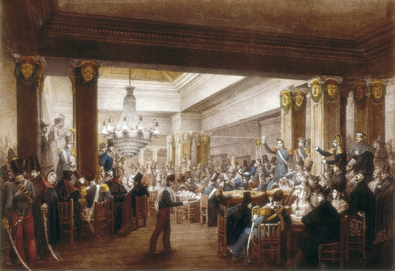 Kahvila Nuevon sisäkuva. Madrid, S.XIX. Kaiverrus. ESPANJA. MADRID (AUTONOMINEN ALUE). Madrid. Historiallinen museo tekijältä Unbekannter Künstler