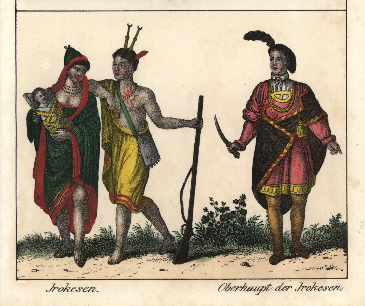 Irokeesi-intiaanit, pariskunta vauvan kanssa, aseistettu mies, jolla on tatuoitu vartalo ja heimon johtaja. Litografia kirjaa varten: Friedrich Wilhelm Goedsche (1785-1863) "Galerie complete en tableaux fideles des peuples d