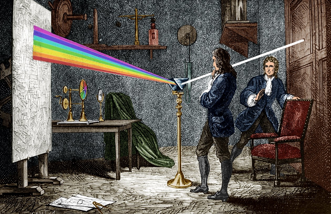 Isaac Newton hajottaa valoa lasiprismalla tekijältä Unbekannter Künstler