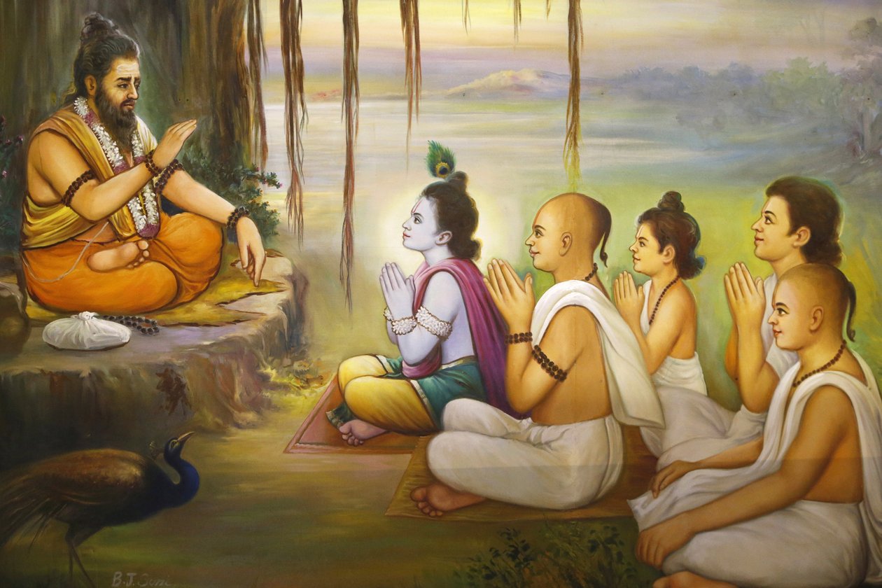 Jalaram Pratna hindutemppeli, Leicester. Fresko. Krishna ja palvojat kuuntelevat Balaramaa. Yhdistynyt kuningaskunta tekijältä Unbekannt