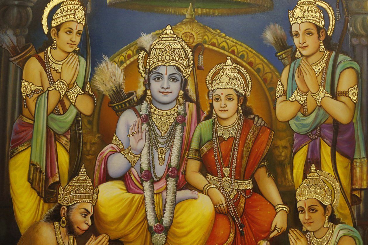 Jalaram Prathanna hindutemppeli, Leicester. Fresko. Rama, Sita Lakshmanan kanssa Raman oikealla ja Hanuman Kneeling sekä Devotees Yhdistynyt kuningaskunta tekijältä Unbekannt